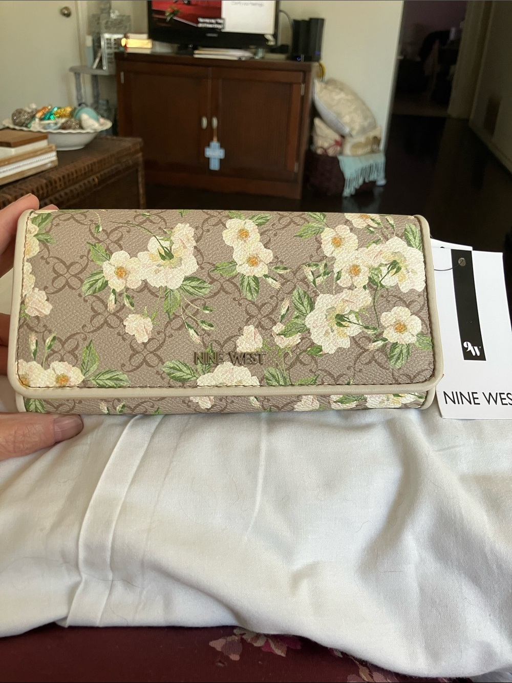 Nine West Taupe Floral Print Wallet with Cream & Green Accents